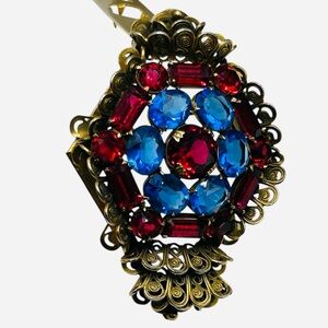 Large Sapphire Blue & Ruby Red Rhinestone Filigree Dress Clip